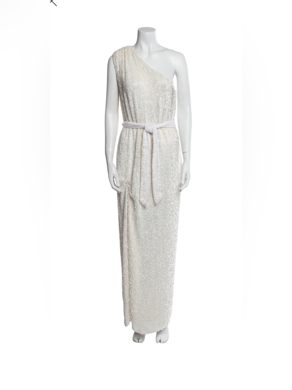 Retrofete One-Shoulder White Sequin Gown with Sash